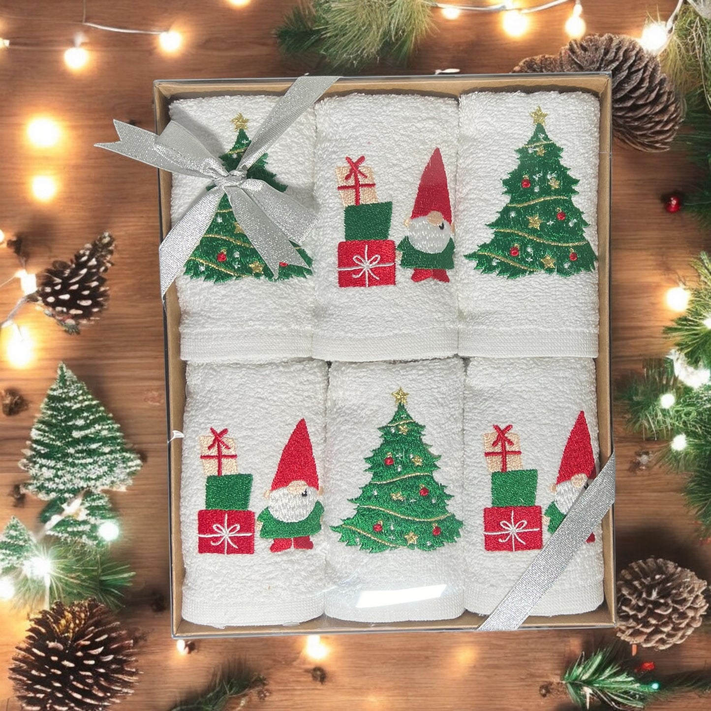Embroidered Christmas Motifs Face Towel Hand Made 100% Cotton 30x50 cm 6 in 1 Pack - Matris Home England
