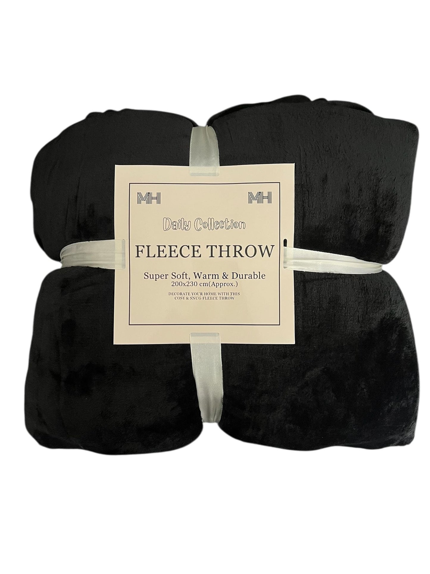 Black fleece throw blanket with a label on a white background
