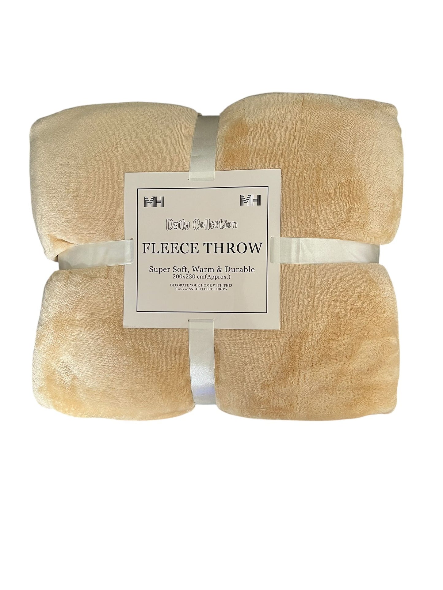 Beige fleece throw blanket with a label on a white background