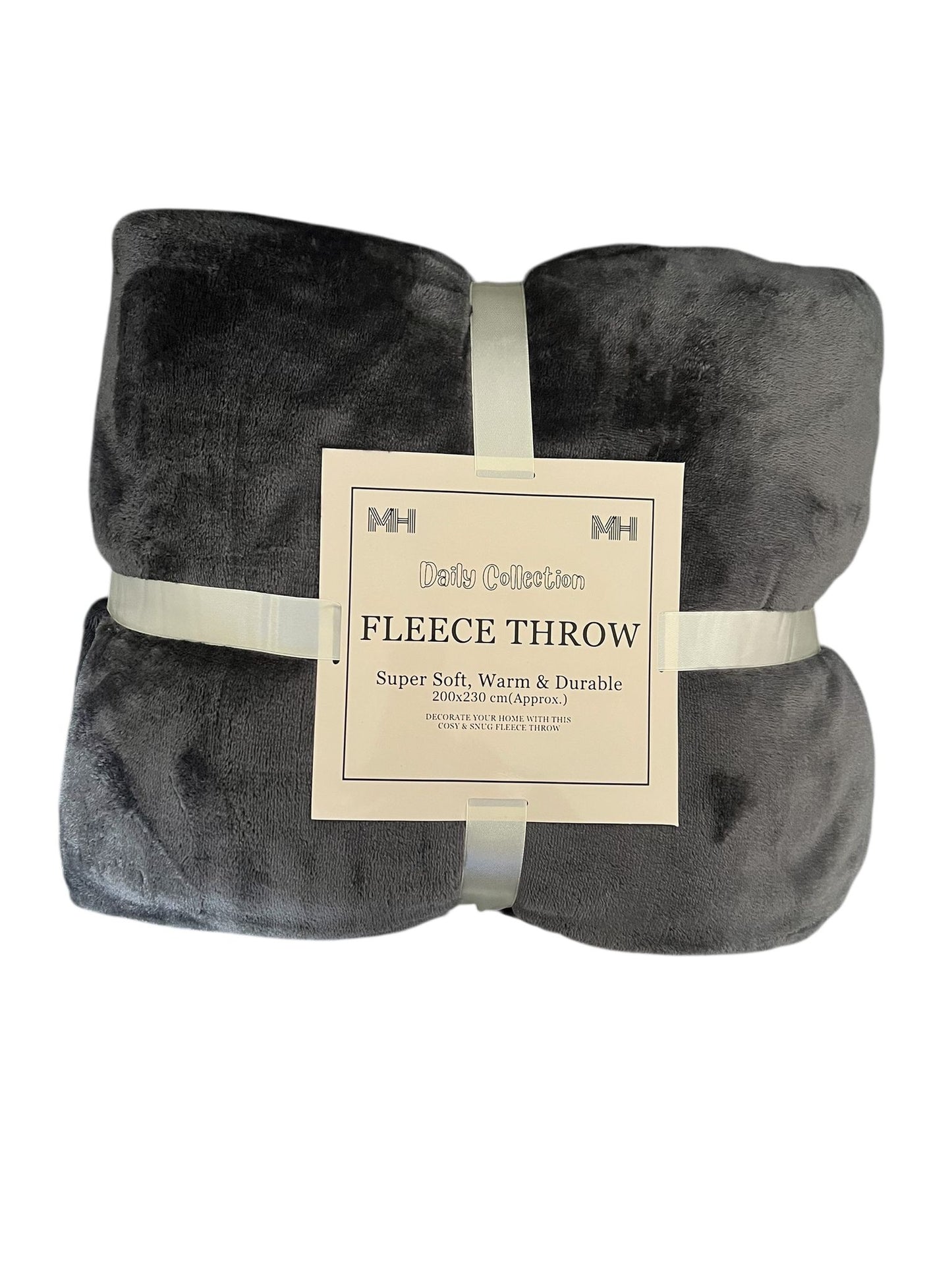 Gray fleece throw blanket with a label on a white background