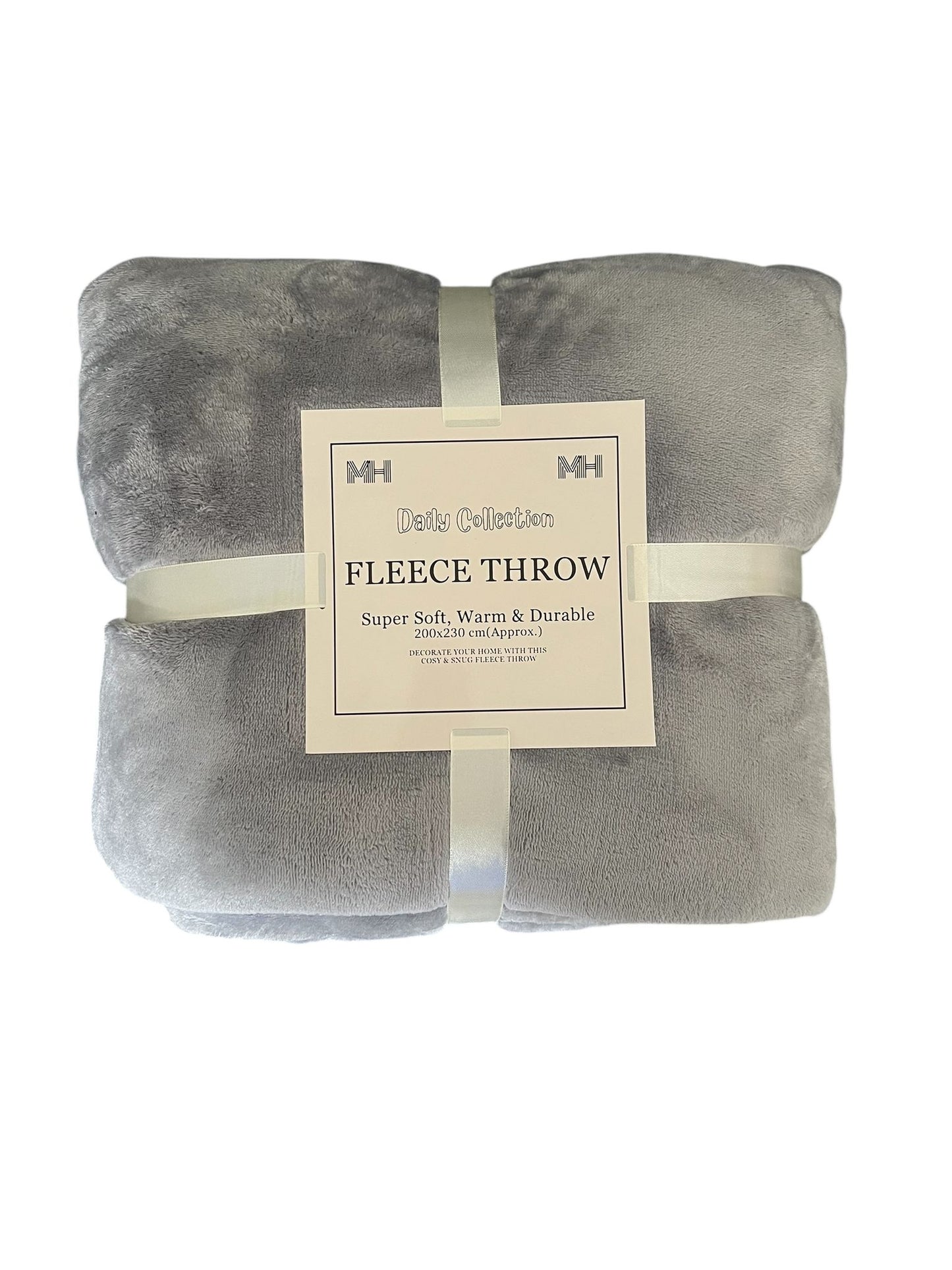 Folded gray fleece throw blanket with a label on a white background