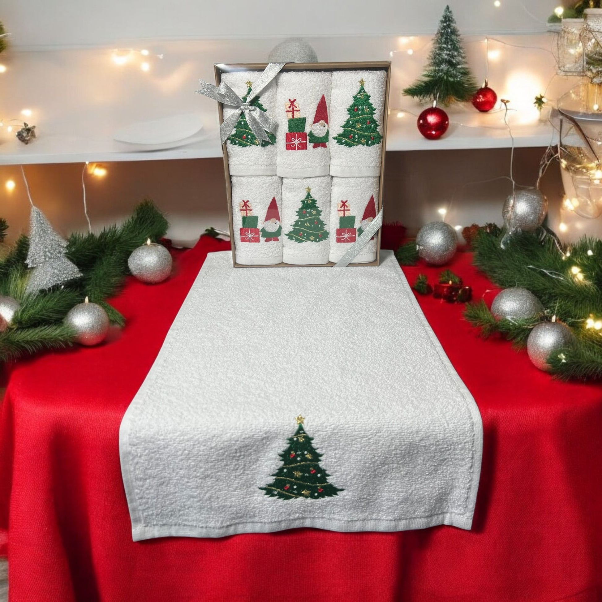 Embroidered Christmas Motifs Face Towel Hand Made 100% Cotton 30x50 cm 6 in 1 Pack - Matris Home England