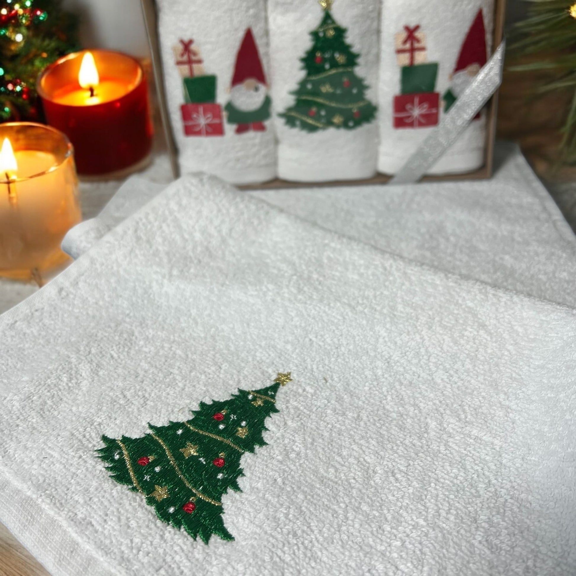 Embroidered Christmas Motifs Face Towel Hand Made 100% Cotton 30x50 cm 6 in 1 Pack - Matris Home England
