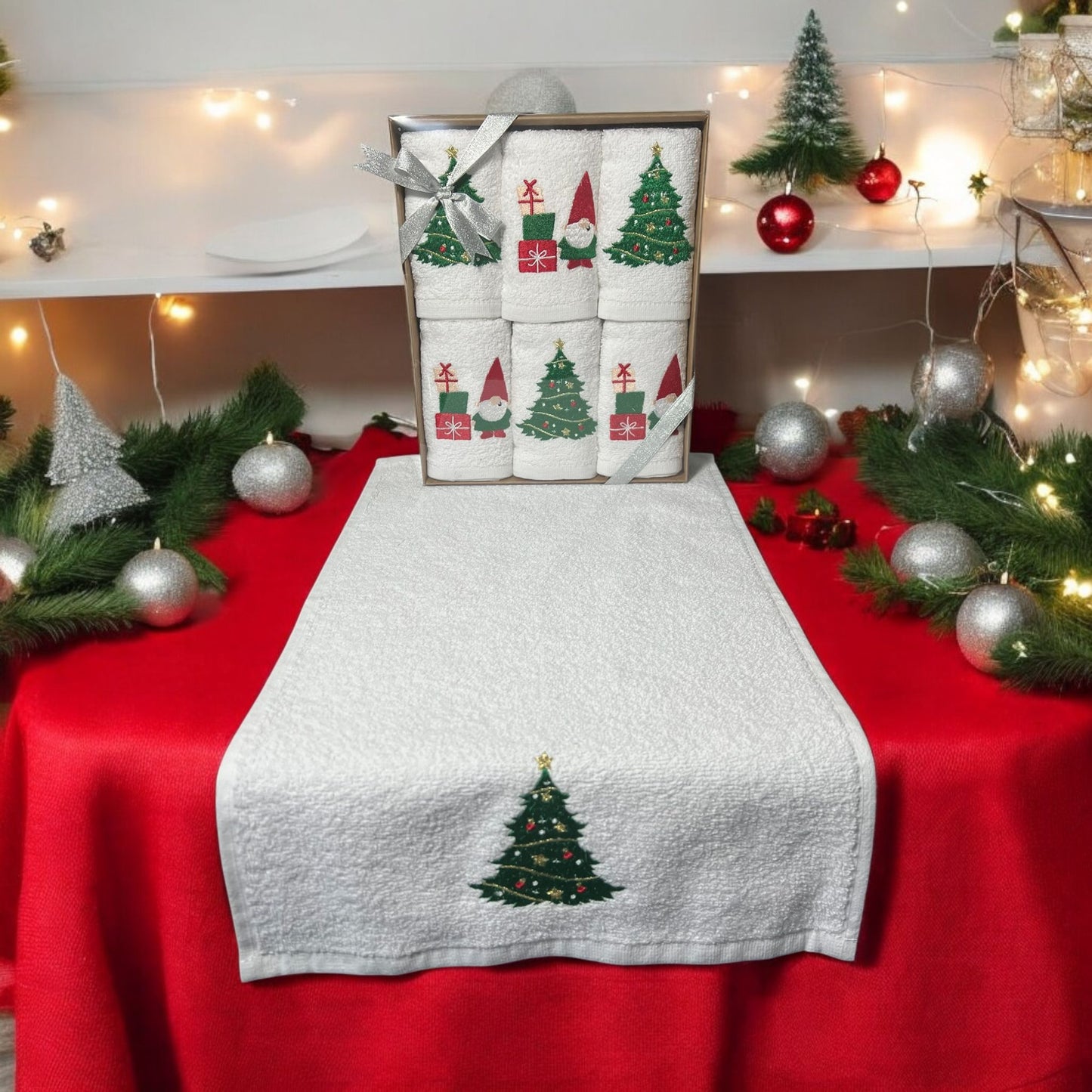 Embroidered Christmas Motifs Face Towel Hand Made 100% Cotton 30x50 cm 6 in 1 Pack - Matris Home England